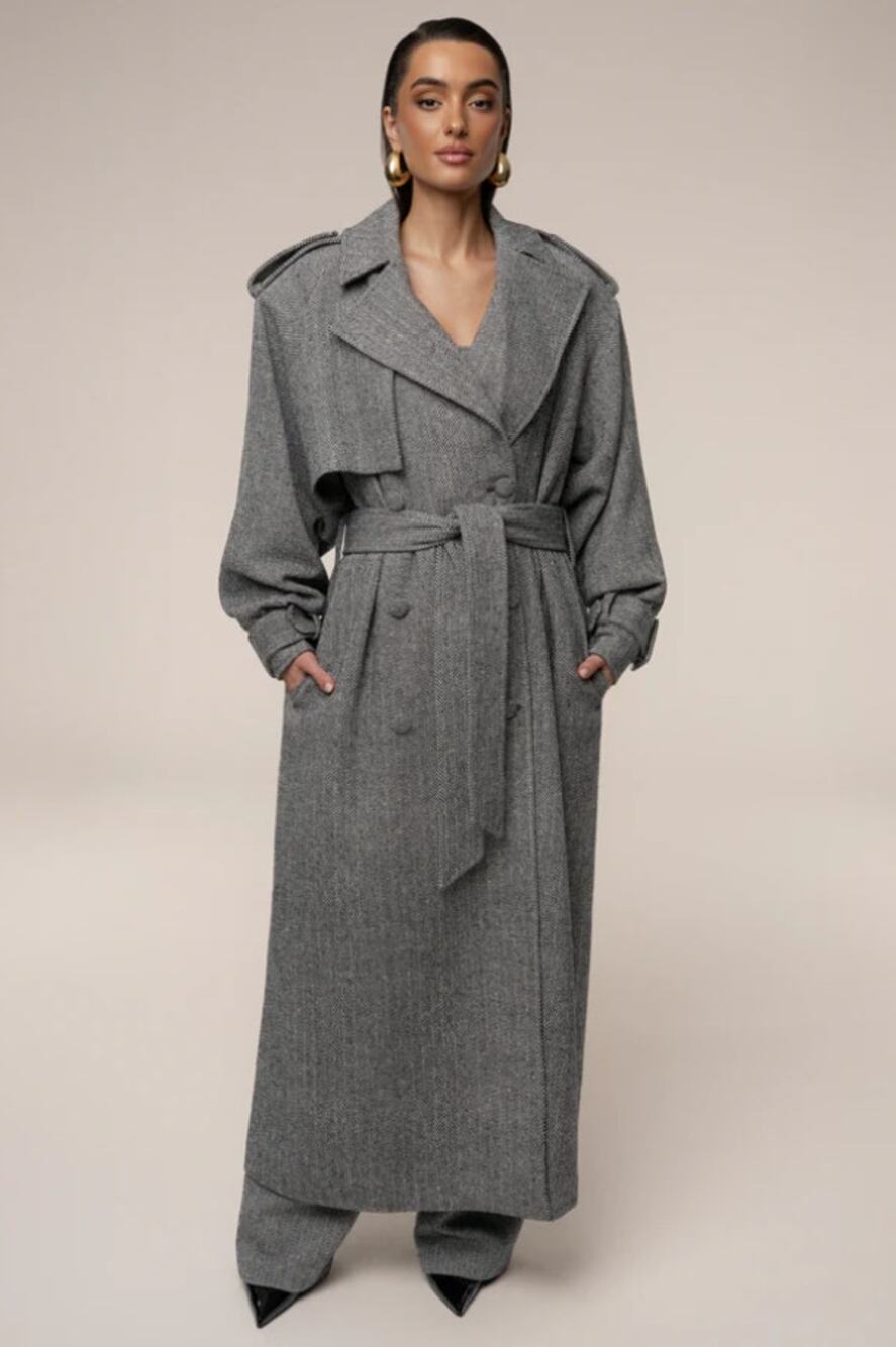 JLUXLABEL Herringbone Oversized Trench Coat Womens L/XL Gray Wool Blend Long NWT